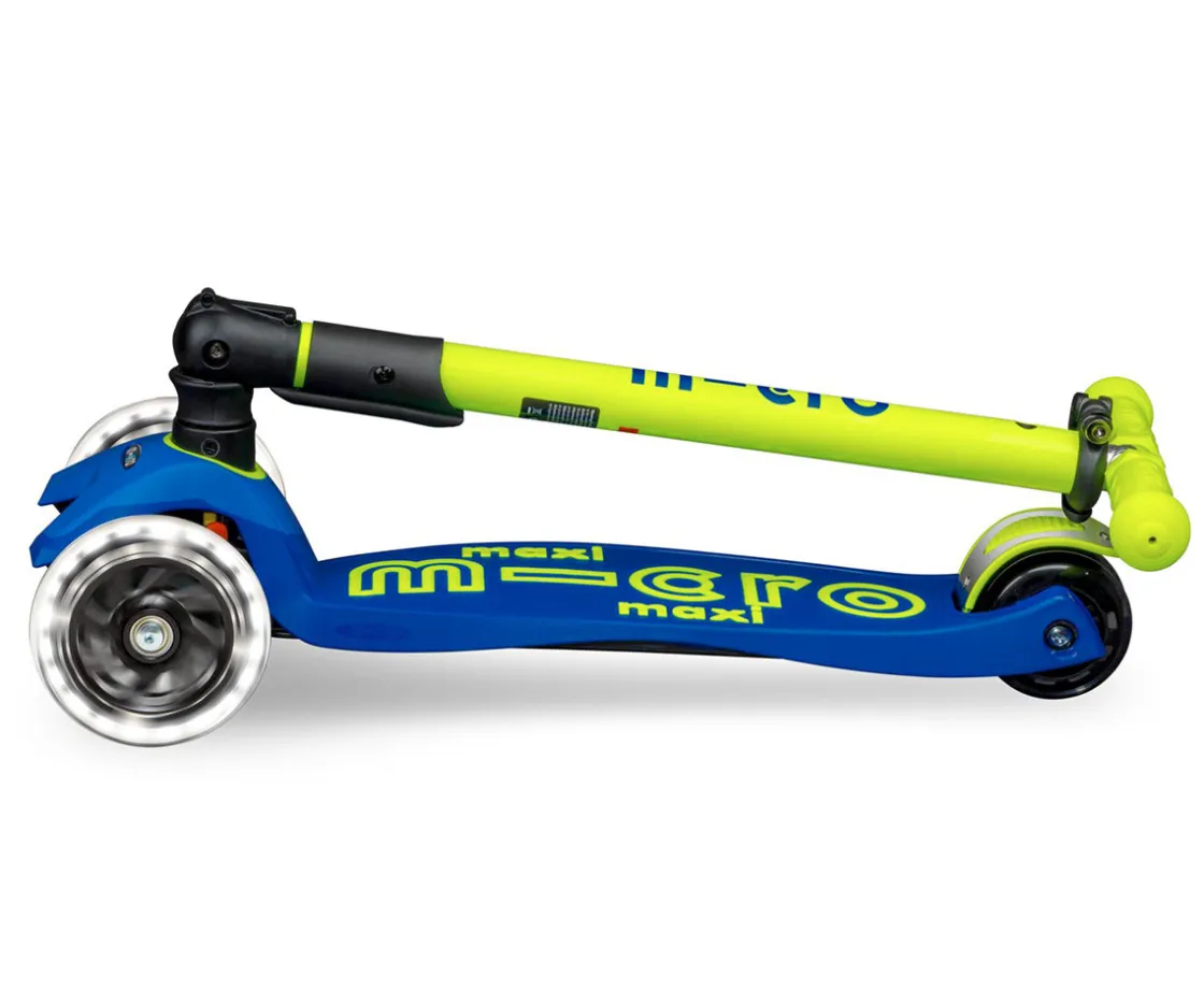 Niños Micro Patinete Maxi Deluxe Plegable Neon LED Azul-Amarillo