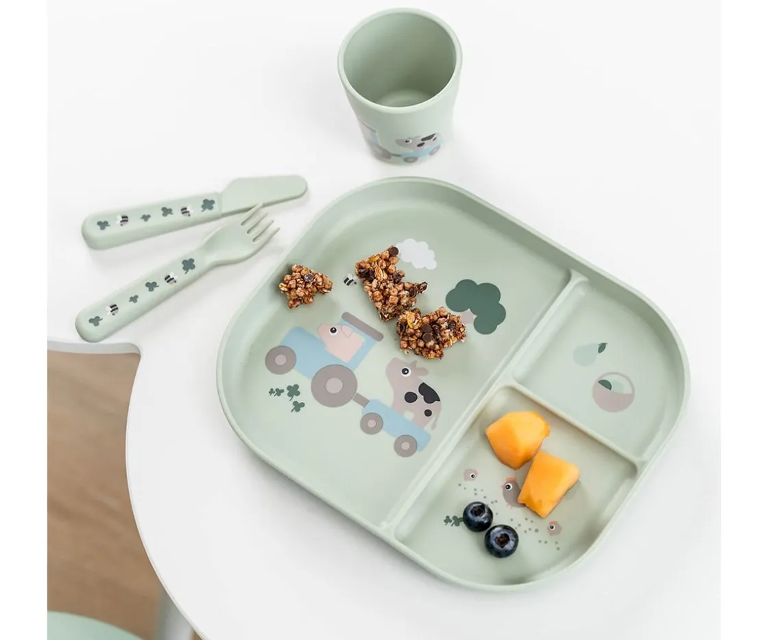 Niños Done by Deer Set Vajilla con Ventosa Foodie Tiny Farm Green